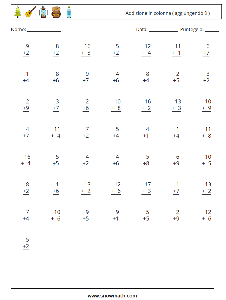 (50) Addizione in colonna ( aggiungendo 9 ) Fogli di lavoro di matematica 6