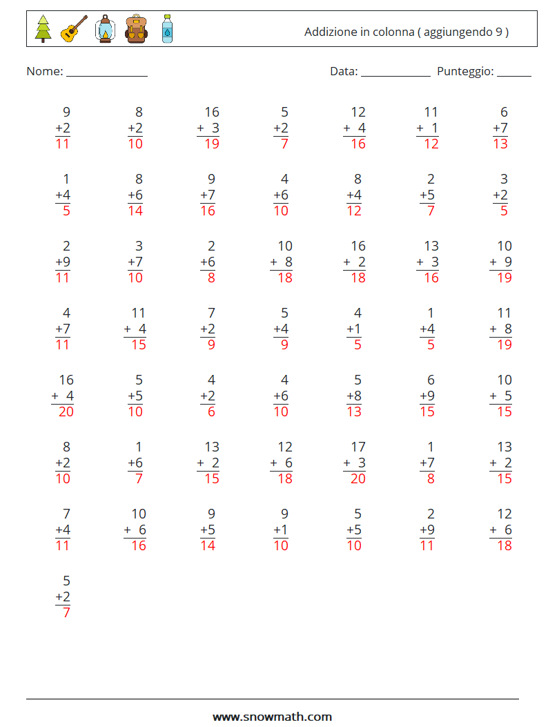 (50) Addizione in colonna ( aggiungendo 9 ) Fogli di lavoro di matematica 6 Domanda, Risposta