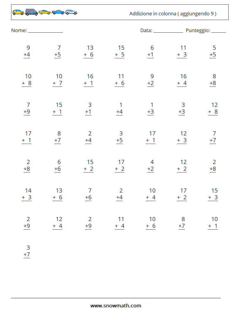(50) Addizione in colonna ( aggiungendo 9 ) Fogli di lavoro di matematica 7