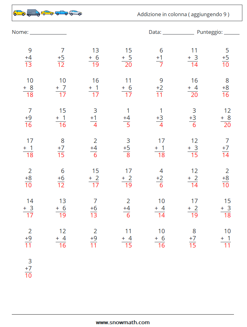 (50) Addizione in colonna ( aggiungendo 9 ) Fogli di lavoro di matematica 7 Domanda, Risposta