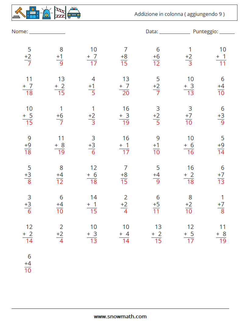 (50) Addizione in colonna ( aggiungendo 9 ) Fogli di lavoro di matematica 8 Domanda, Risposta