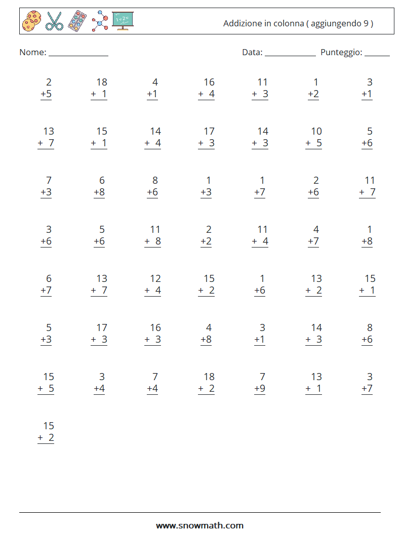 (50) Addizione in colonna ( aggiungendo 9 ) Fogli di lavoro di matematica 9