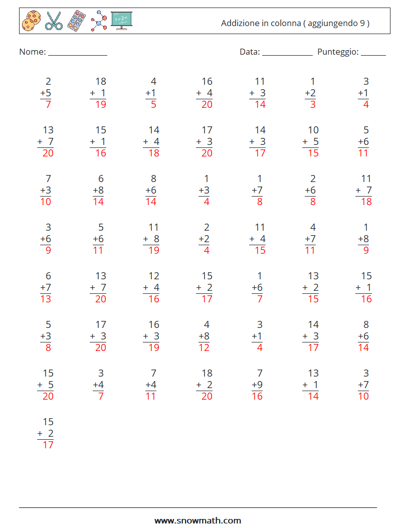 (50) Addizione in colonna ( aggiungendo 9 ) Fogli di lavoro di matematica 9 Domanda, Risposta