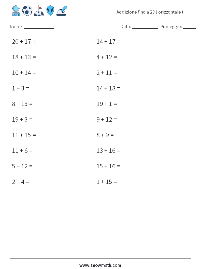 (20) Addizione fino a 20 ( orizzontale ) Fogli di lavoro di matematica 1