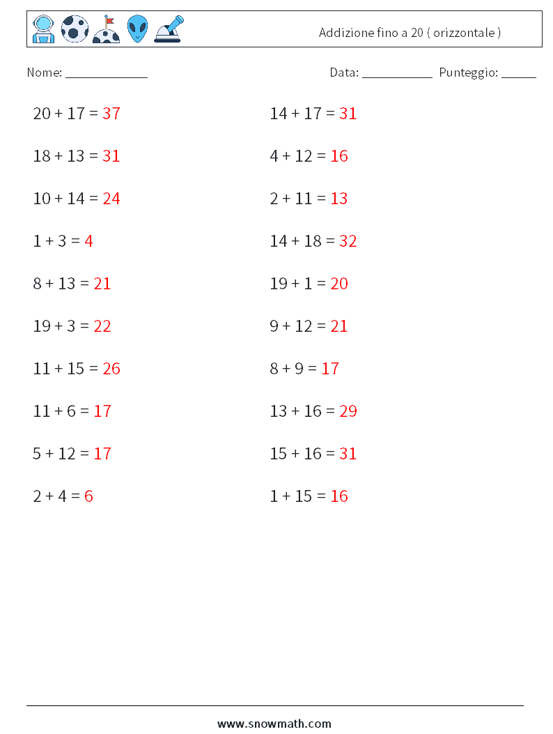 (20) Addizione fino a 20 ( orizzontale ) Fogli di lavoro di matematica 1 Domanda, Risposta