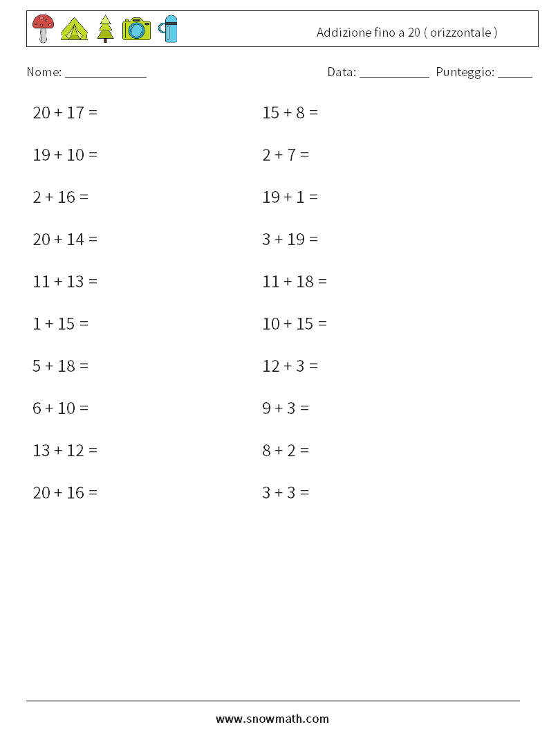 (20) Addizione fino a 20 ( orizzontale ) Fogli di lavoro di matematica 2