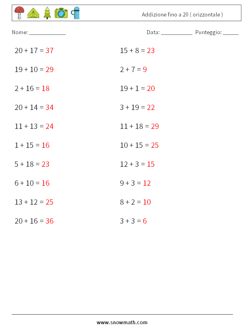 (20) Addizione fino a 20 ( orizzontale ) Fogli di lavoro di matematica 2 Domanda, Risposta