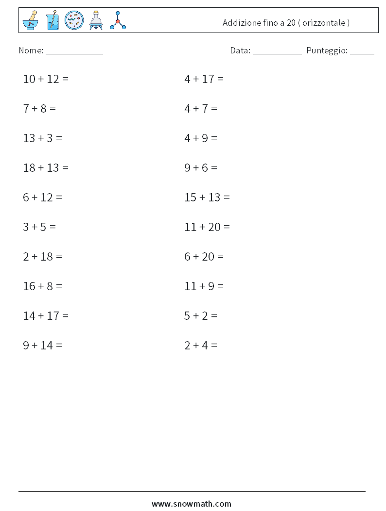 (20) Addizione fino a 20 ( orizzontale ) Fogli di lavoro di matematica 4