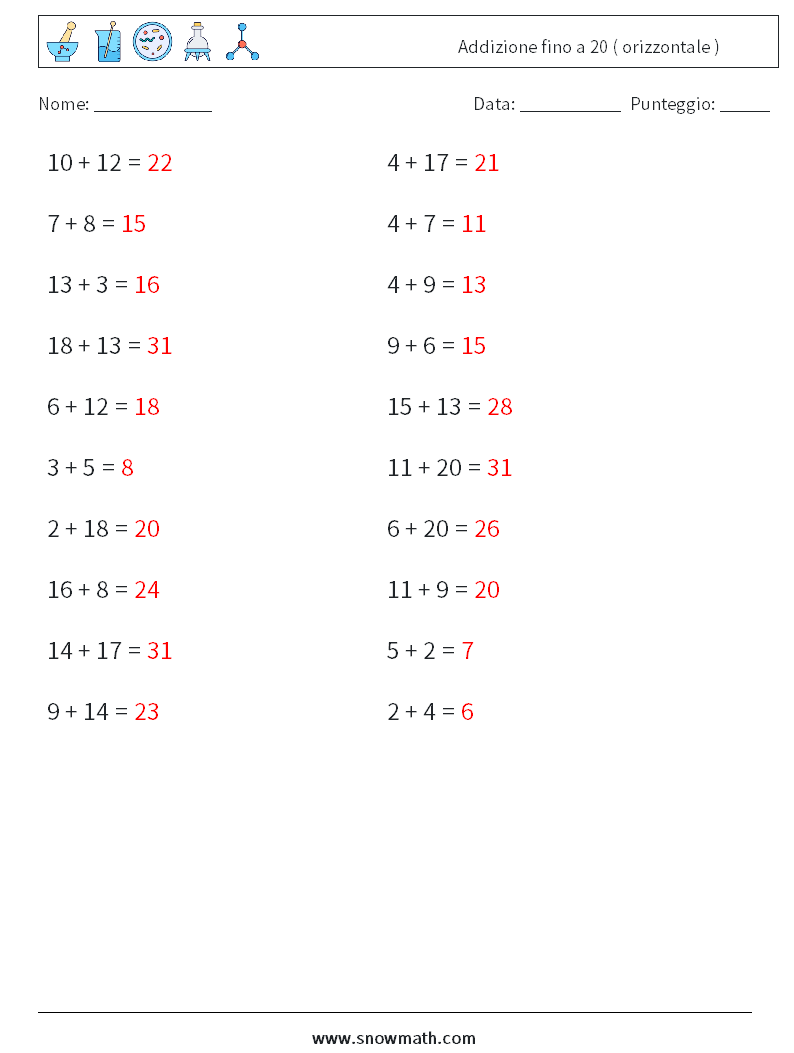 (20) Addizione fino a 20 ( orizzontale ) Fogli di lavoro di matematica 4 Domanda, Risposta