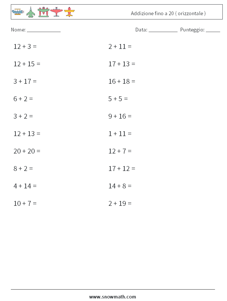 (20) Addizione fino a 20 ( orizzontale ) Fogli di lavoro di matematica 5