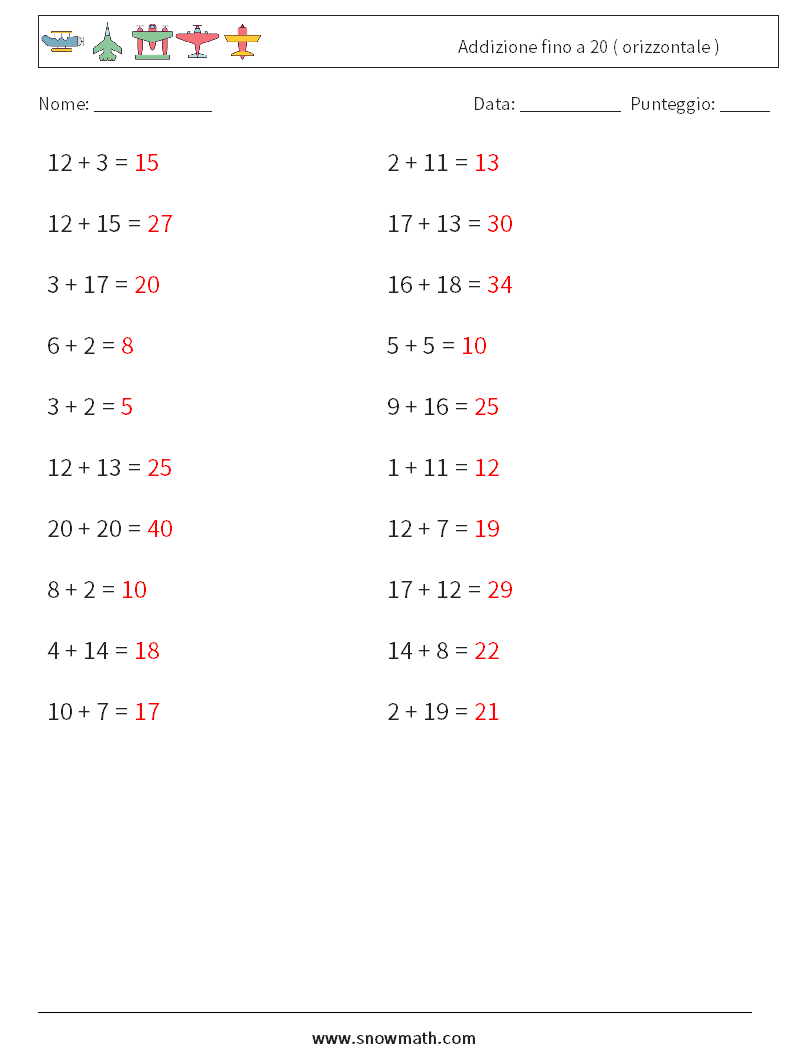 (20) Addizione fino a 20 ( orizzontale ) Fogli di lavoro di matematica 5 Domanda, Risposta