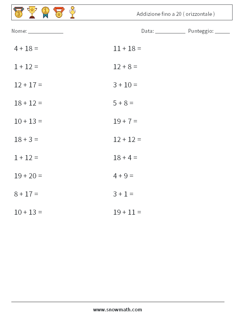 (20) Addizione fino a 20 ( orizzontale ) Fogli di lavoro di matematica 6