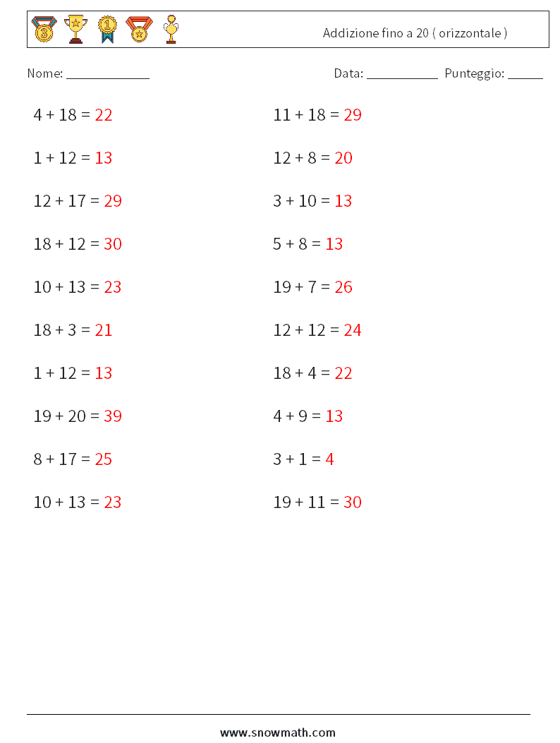 (20) Addizione fino a 20 ( orizzontale ) Fogli di lavoro di matematica 6 Domanda, Risposta