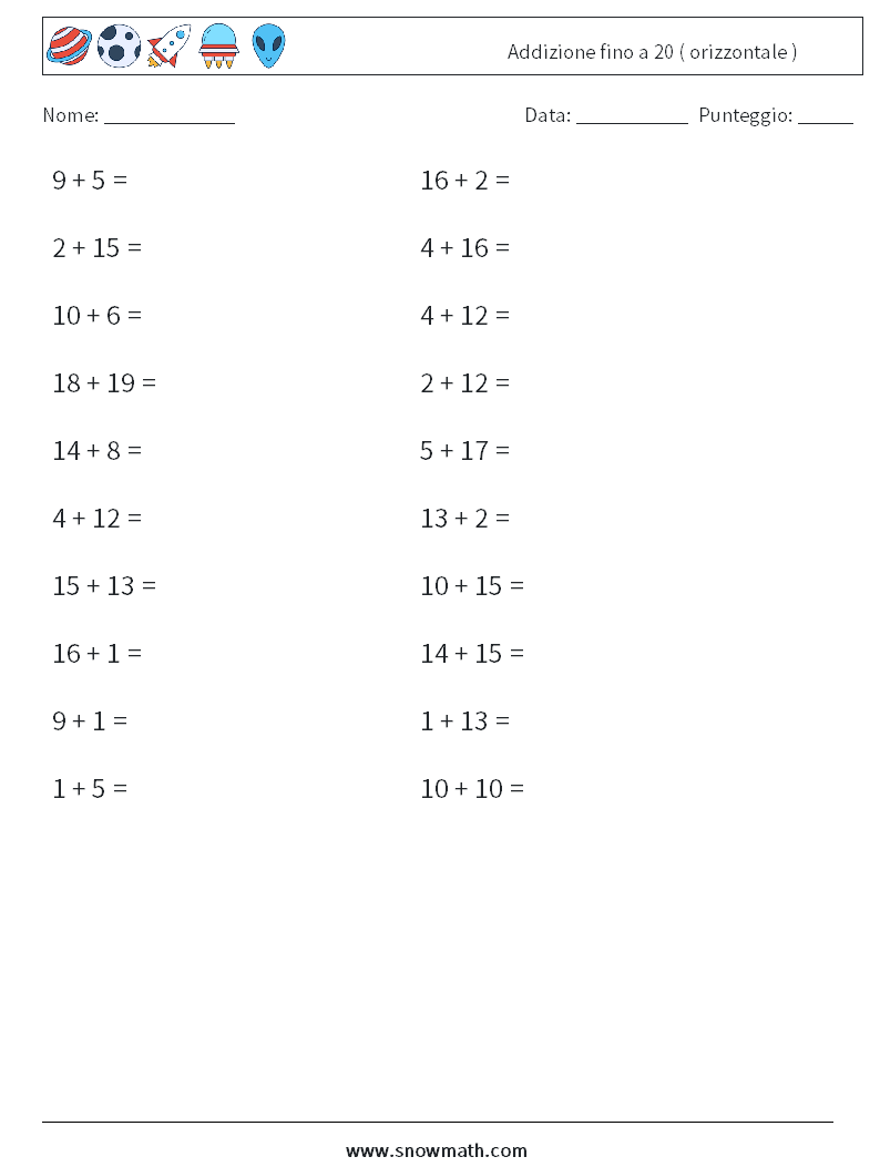 (20) Addizione fino a 20 ( orizzontale ) Fogli di lavoro di matematica 7