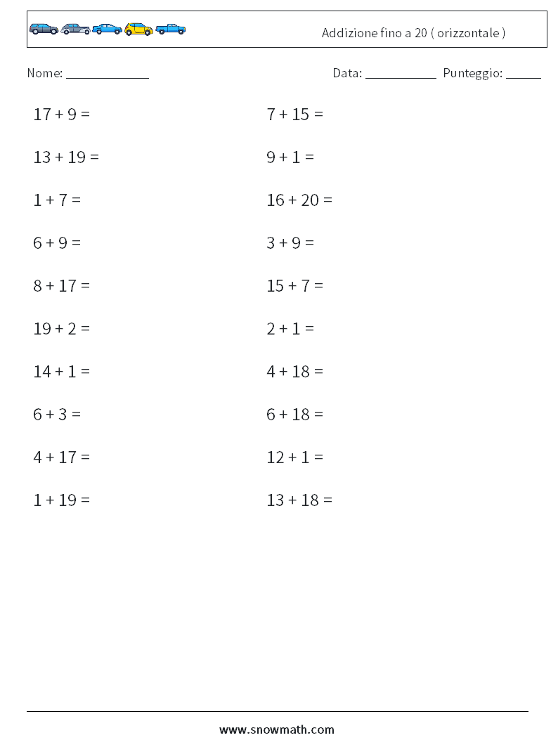 (20) Addizione fino a 20 ( orizzontale ) Fogli di lavoro di matematica 8