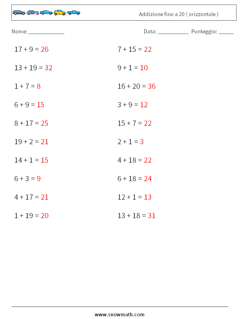 (20) Addizione fino a 20 ( orizzontale ) Fogli di lavoro di matematica 8 Domanda, Risposta