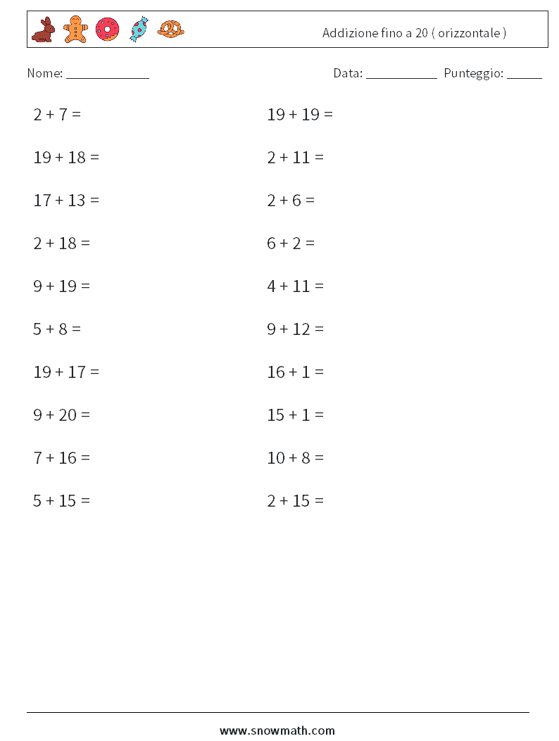 (20) Addizione fino a 20 ( orizzontale ) Fogli di lavoro di matematica 9