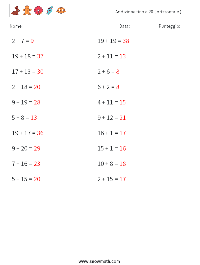 (20) Addizione fino a 20 ( orizzontale ) Fogli di lavoro di matematica 9 Domanda, Risposta
