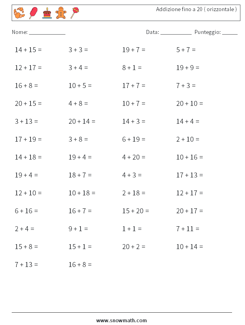 (50) Addizione fino a 20 ( orizzontale ) Fogli di lavoro di matematica 1