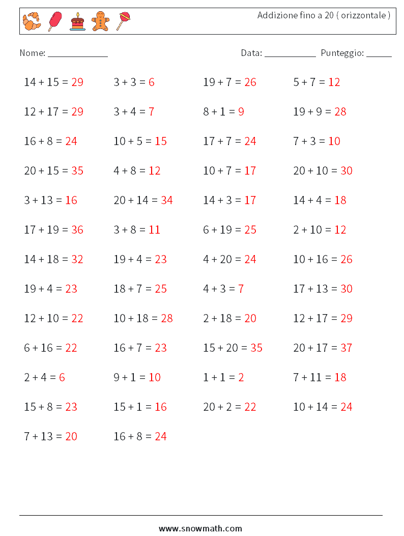 (50) Addizione fino a 20 ( orizzontale ) Fogli di lavoro di matematica 1 Domanda, Risposta