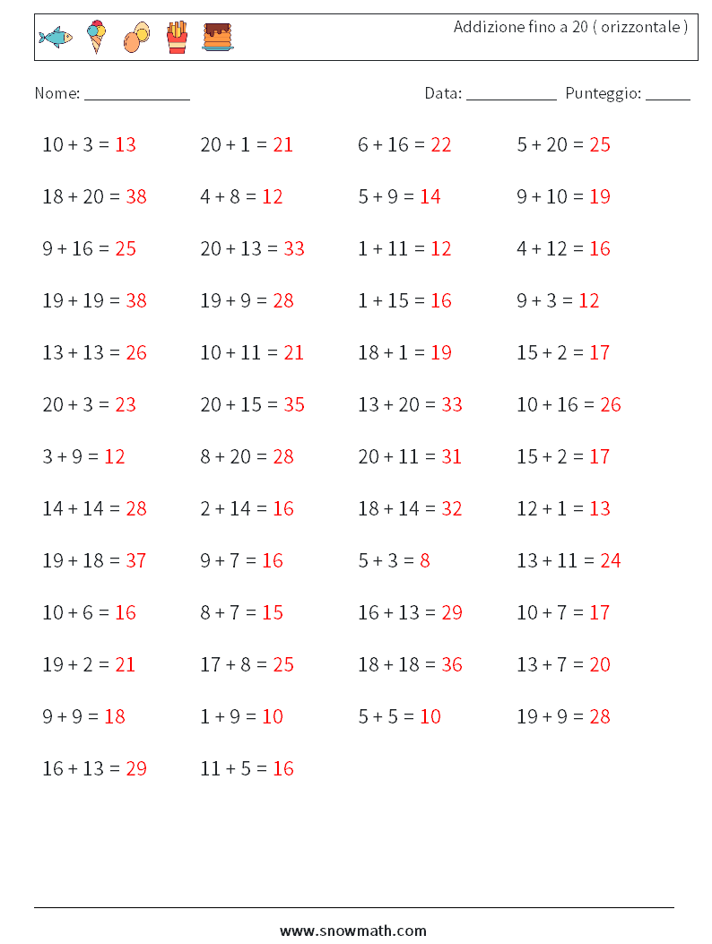 (50) Addizione fino a 20 ( orizzontale ) Fogli di lavoro di matematica 2 Domanda, Risposta