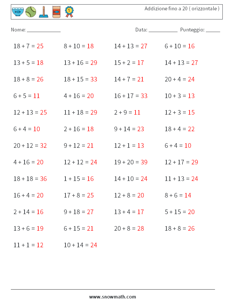 (50) Addizione fino a 20 ( orizzontale ) Fogli di lavoro di matematica 3 Domanda, Risposta