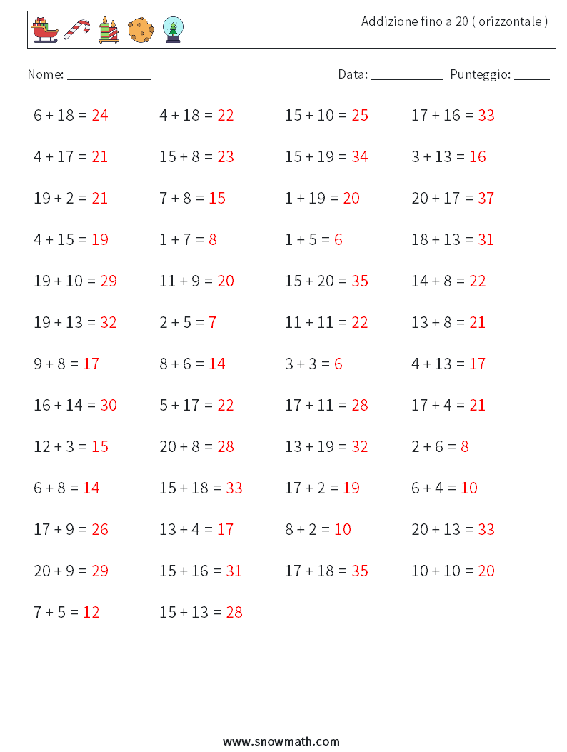 (50) Addizione fino a 20 ( orizzontale ) Fogli di lavoro di matematica 4 Domanda, Risposta