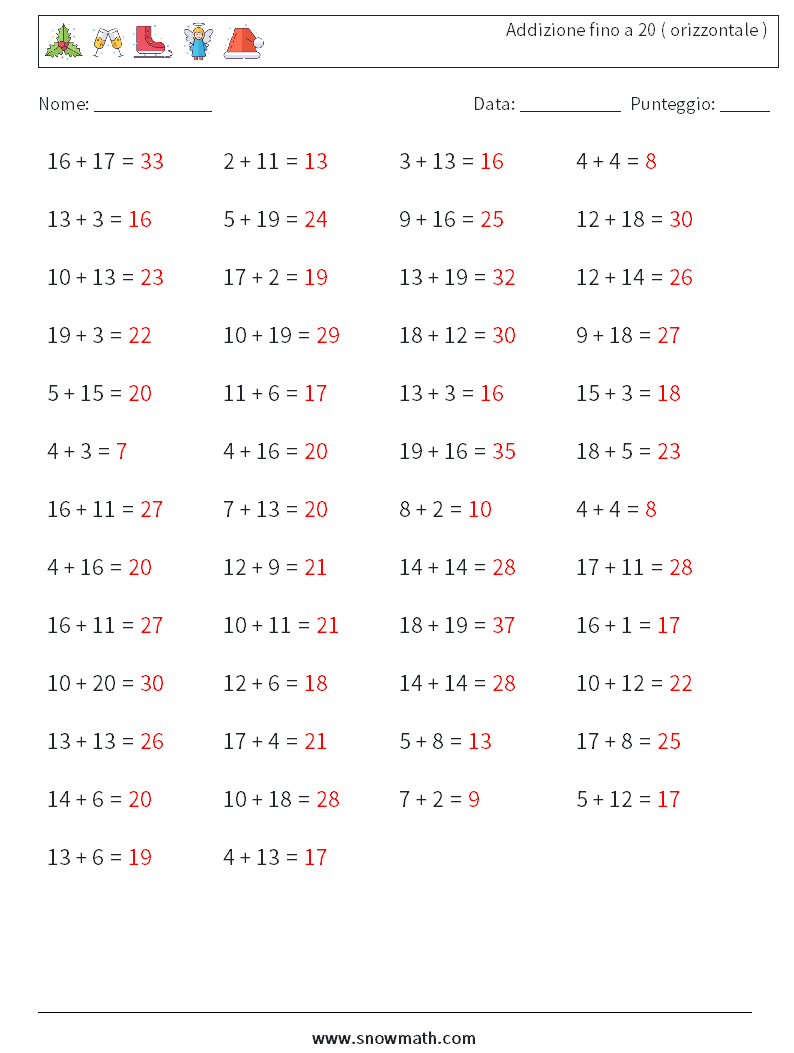 (50) Addizione fino a 20 ( orizzontale ) Fogli di lavoro di matematica 5 Domanda, Risposta