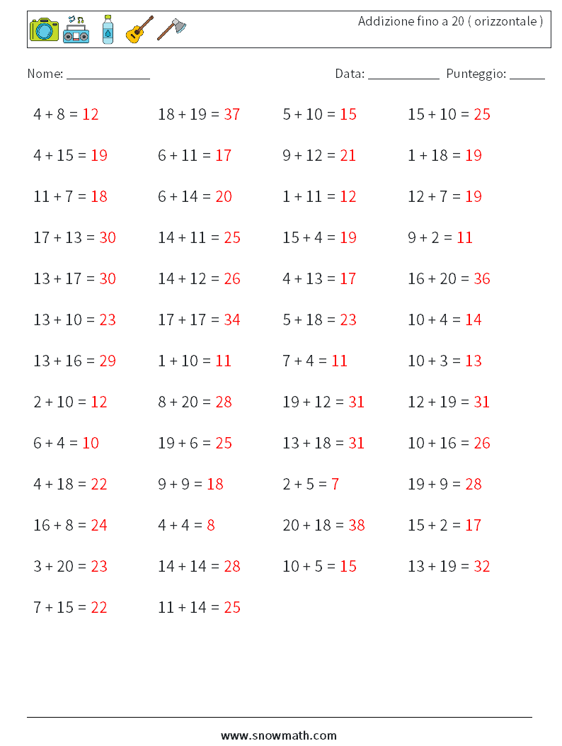 (50) Addizione fino a 20 ( orizzontale ) Fogli di lavoro di matematica 6 Domanda, Risposta