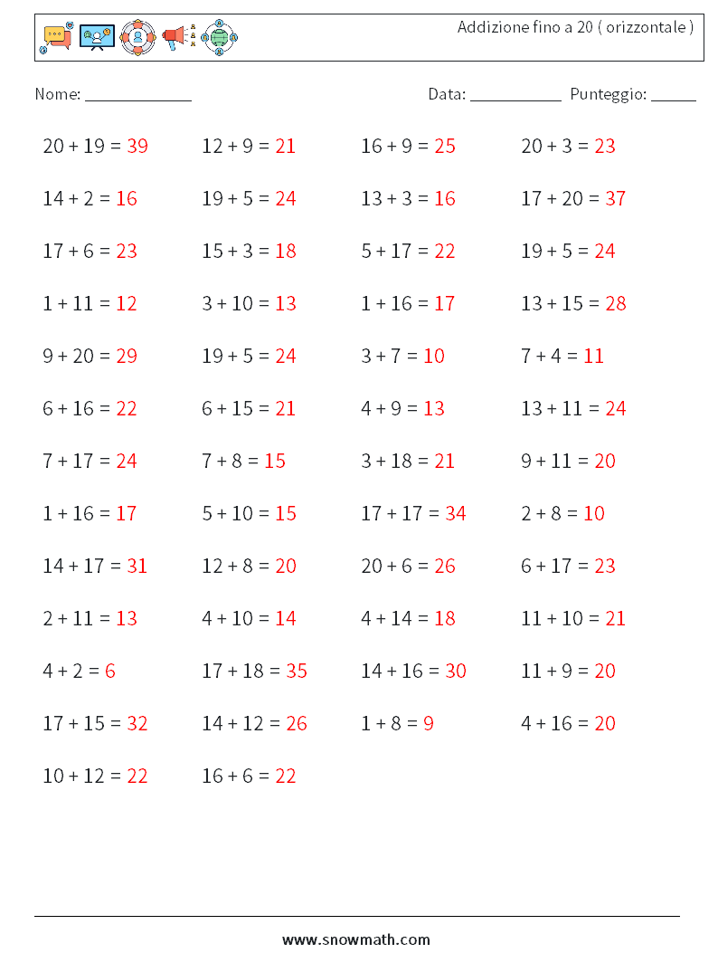 (50) Addizione fino a 20 ( orizzontale ) Fogli di lavoro di matematica 7 Domanda, Risposta