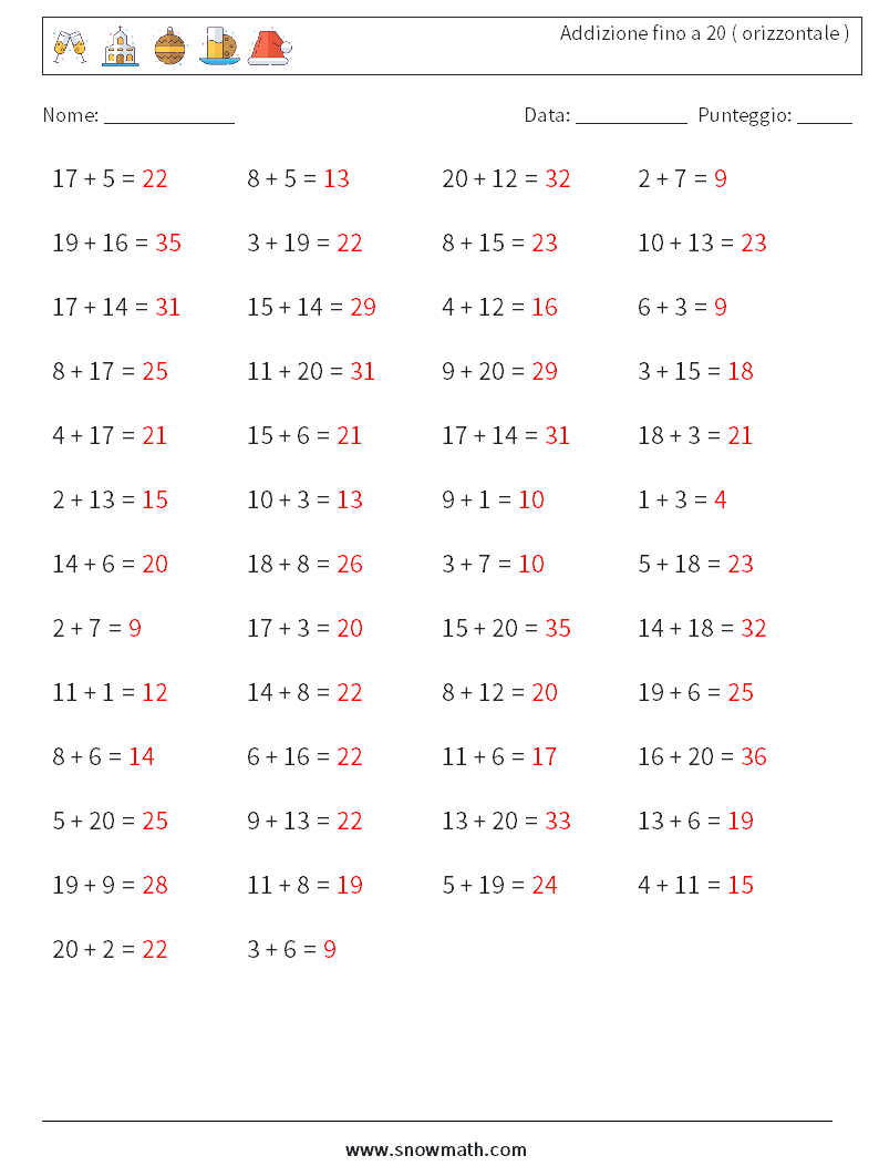 (50) Addizione fino a 20 ( orizzontale ) Fogli di lavoro di matematica 9 Domanda, Risposta