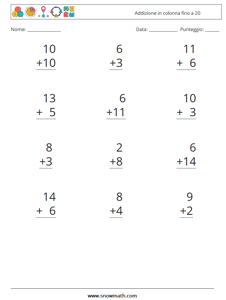 (12) Addizione in colonna fino a 20 Fogli di lavoro di matematica 11