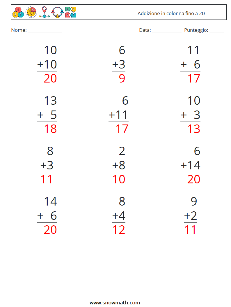 (12) Addizione in colonna fino a 20 Fogli di lavoro di matematica 11 Domanda, Risposta