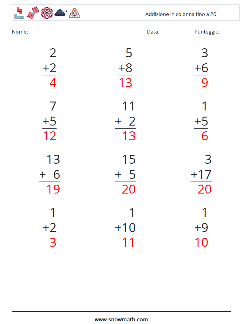 (12) Addizione in colonna fino a 20 Fogli di lavoro di matematica 13 Domanda, Risposta