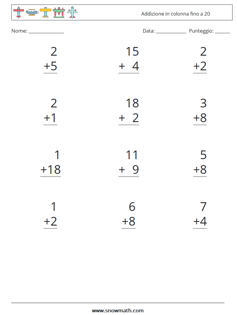 (12) Addizione in colonna fino a 20 Fogli di lavoro di matematica 14