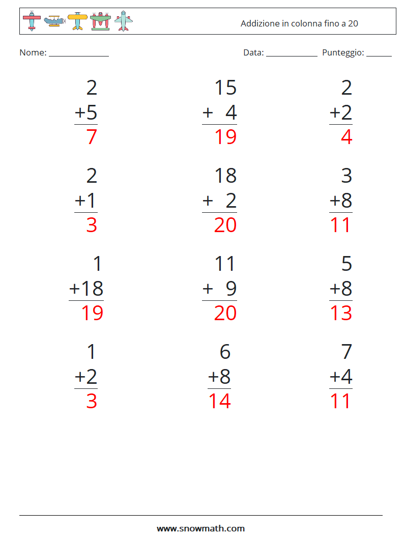 (12) Addizione in colonna fino a 20 Fogli di lavoro di matematica 14 Domanda, Risposta