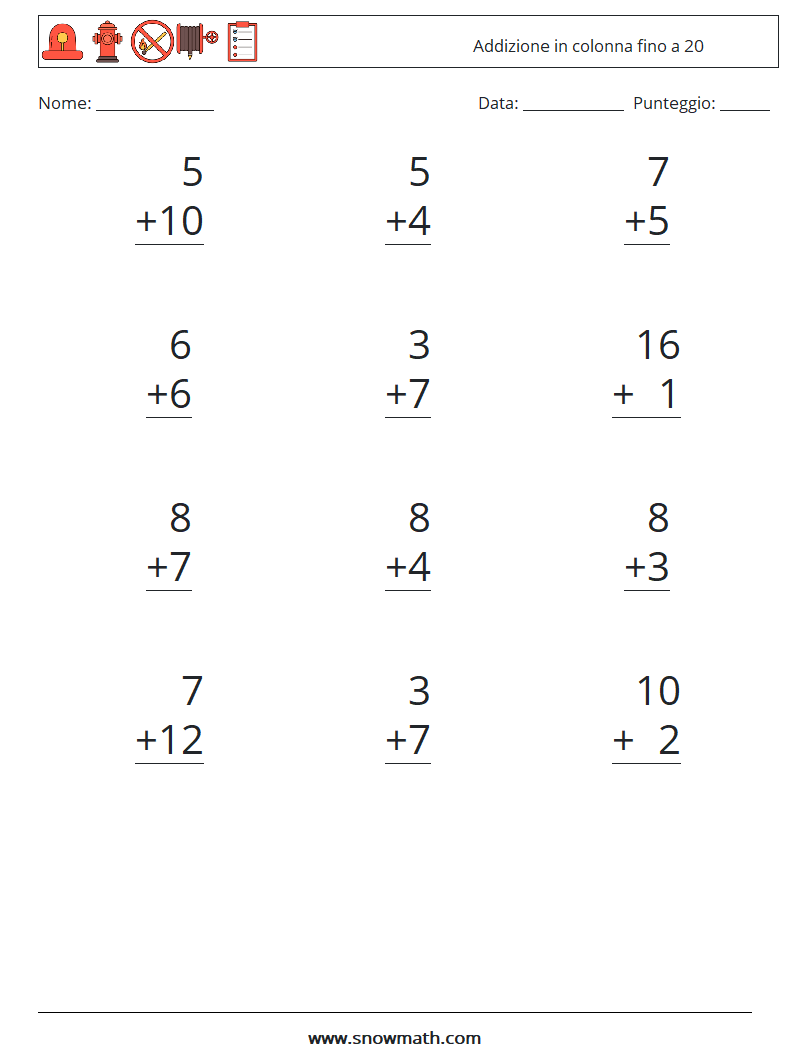 (12) Addizione in colonna fino a 20 Fogli di lavoro di matematica 15