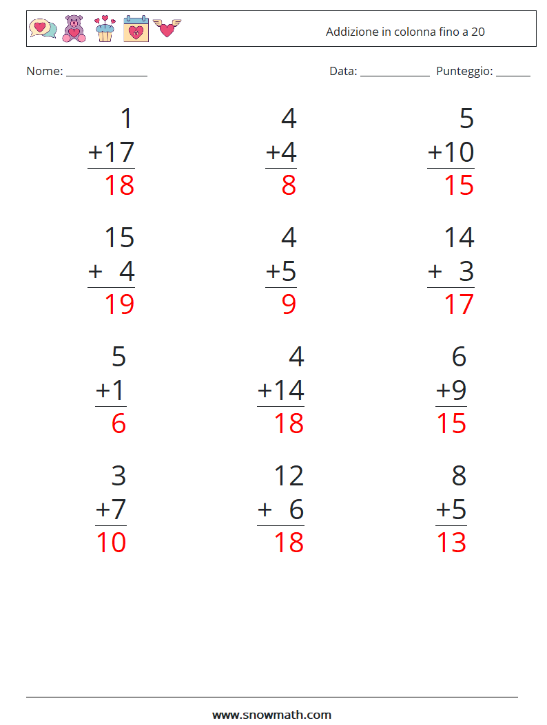 (12) Addizione in colonna fino a 20 Fogli di lavoro di matematica 17 Domanda, Risposta