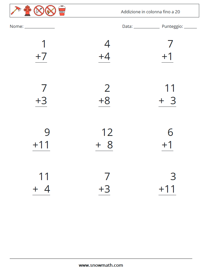 (12) Addizione in colonna fino a 20 Fogli di lavoro di matematica 18