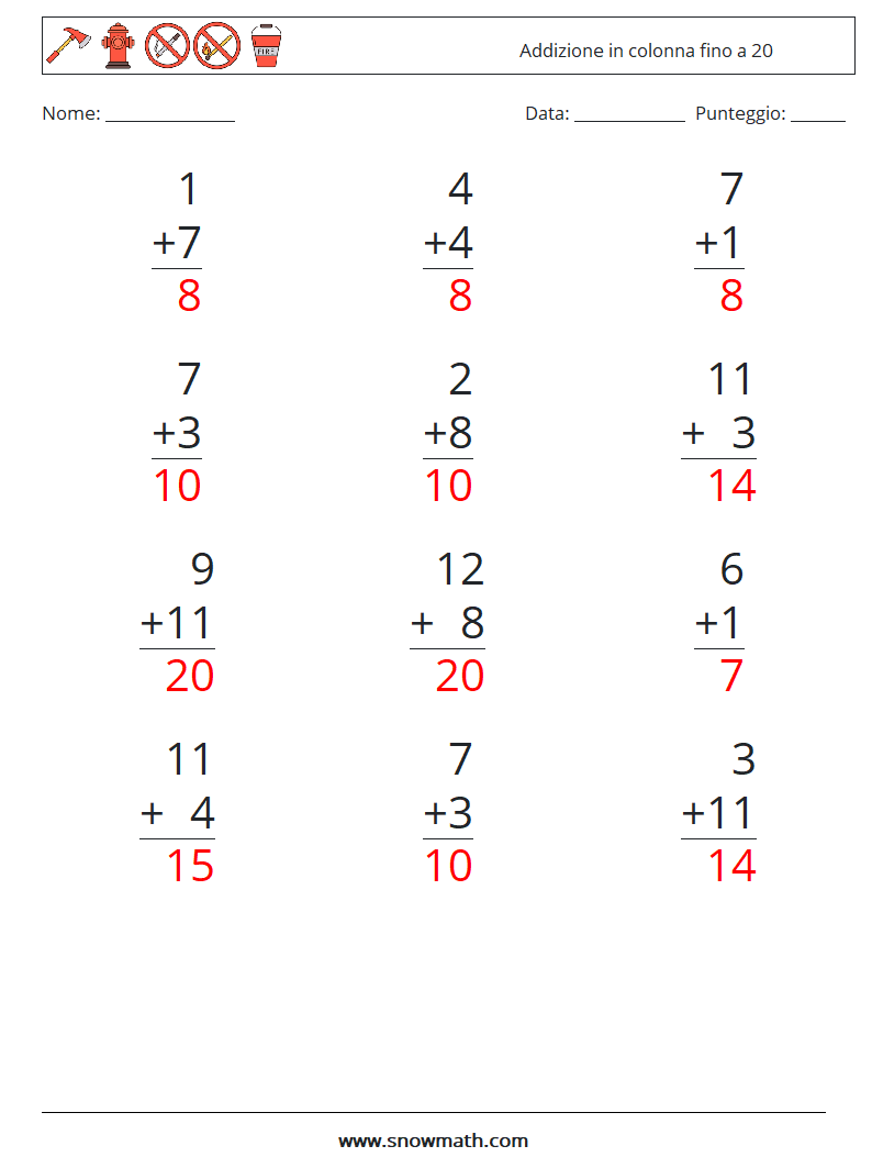 (12) Addizione in colonna fino a 20 Fogli di lavoro di matematica 18 Domanda, Risposta