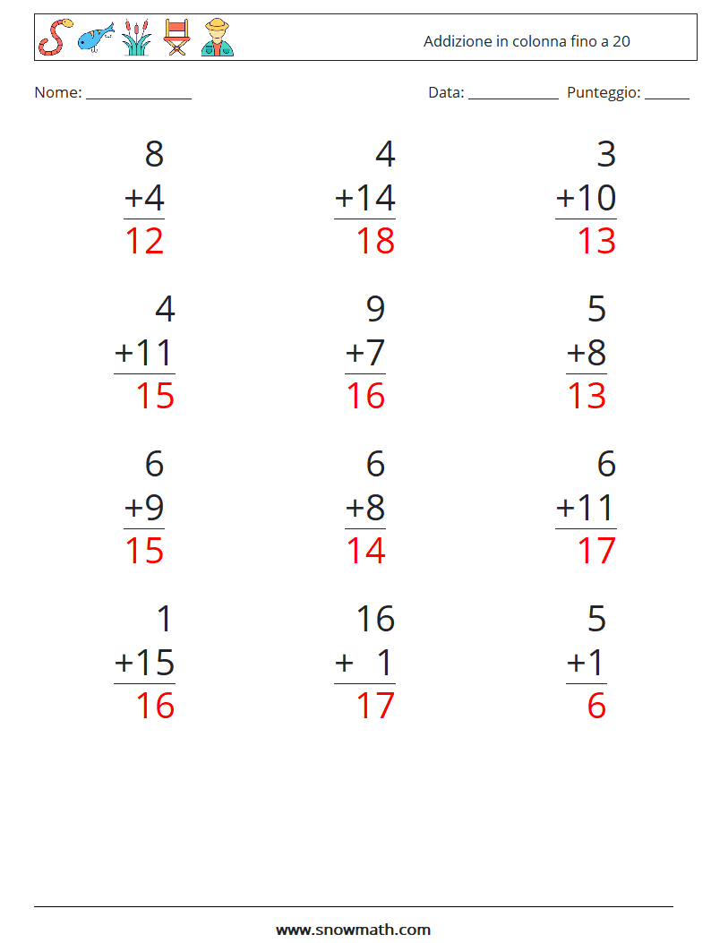 (12) Addizione in colonna fino a 20 Fogli di lavoro di matematica 1 Domanda, Risposta