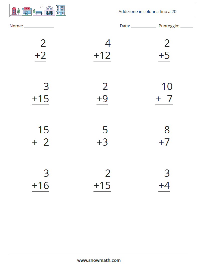 (12) Addizione in colonna fino a 20 Fogli di lavoro di matematica 2