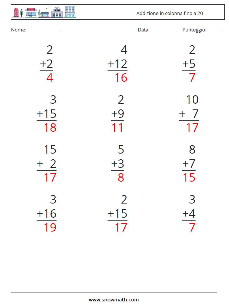 (12) Addizione in colonna fino a 20 Fogli di lavoro di matematica 2 Domanda, Risposta