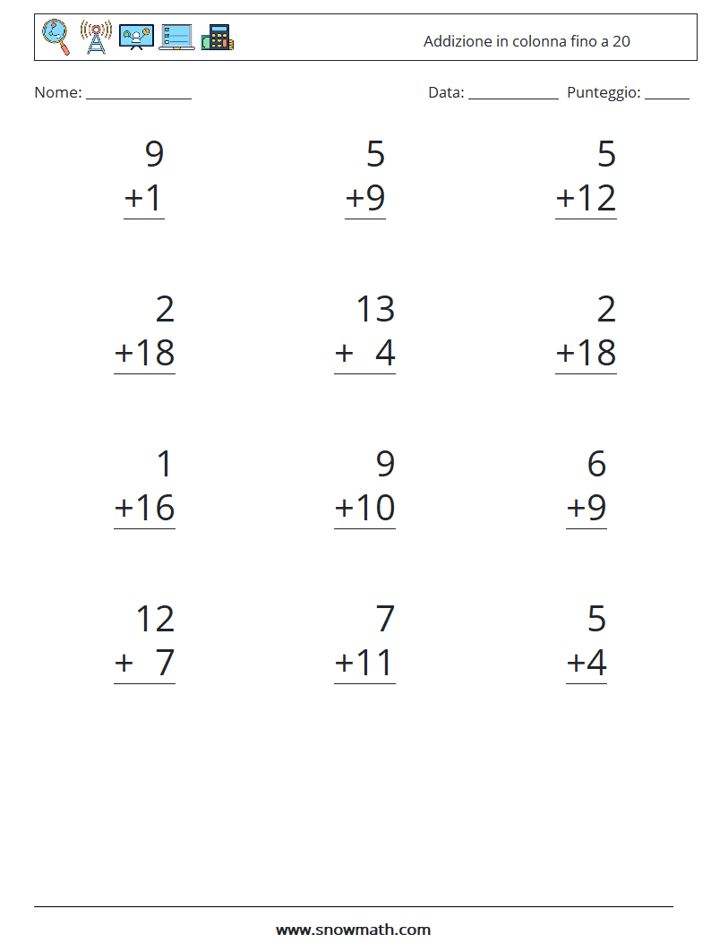 (12) Addizione in colonna fino a 20 Fogli di lavoro di matematica 3