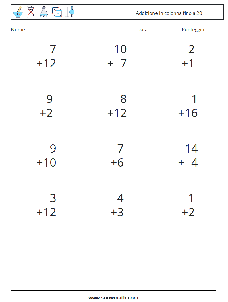 (12) Addizione in colonna fino a 20 Fogli di lavoro di matematica 4
