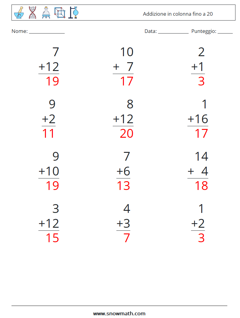 (12) Addizione in colonna fino a 20 Fogli di lavoro di matematica 4 Domanda, Risposta