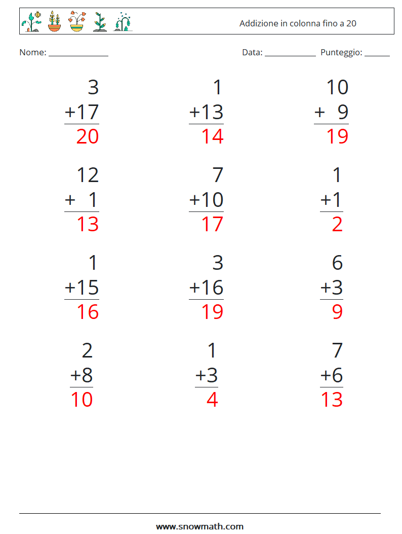 (12) Addizione in colonna fino a 20 Fogli di lavoro di matematica 5 Domanda, Risposta