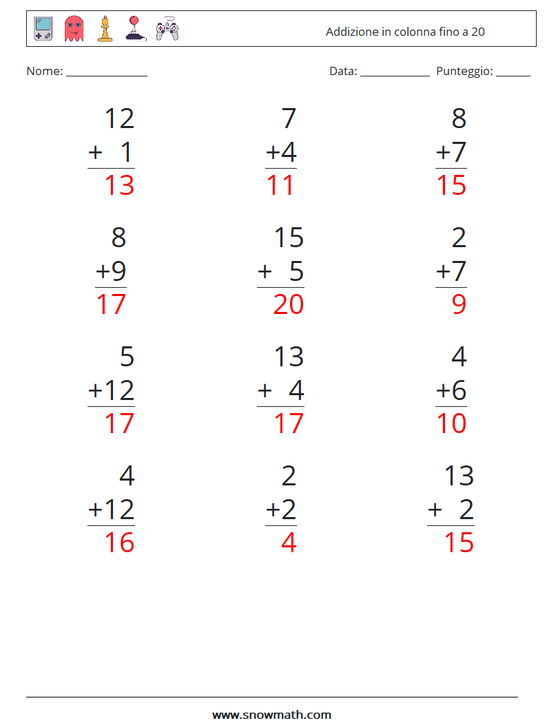 (12) Addizione in colonna fino a 20 Fogli di lavoro di matematica 6 Domanda, Risposta