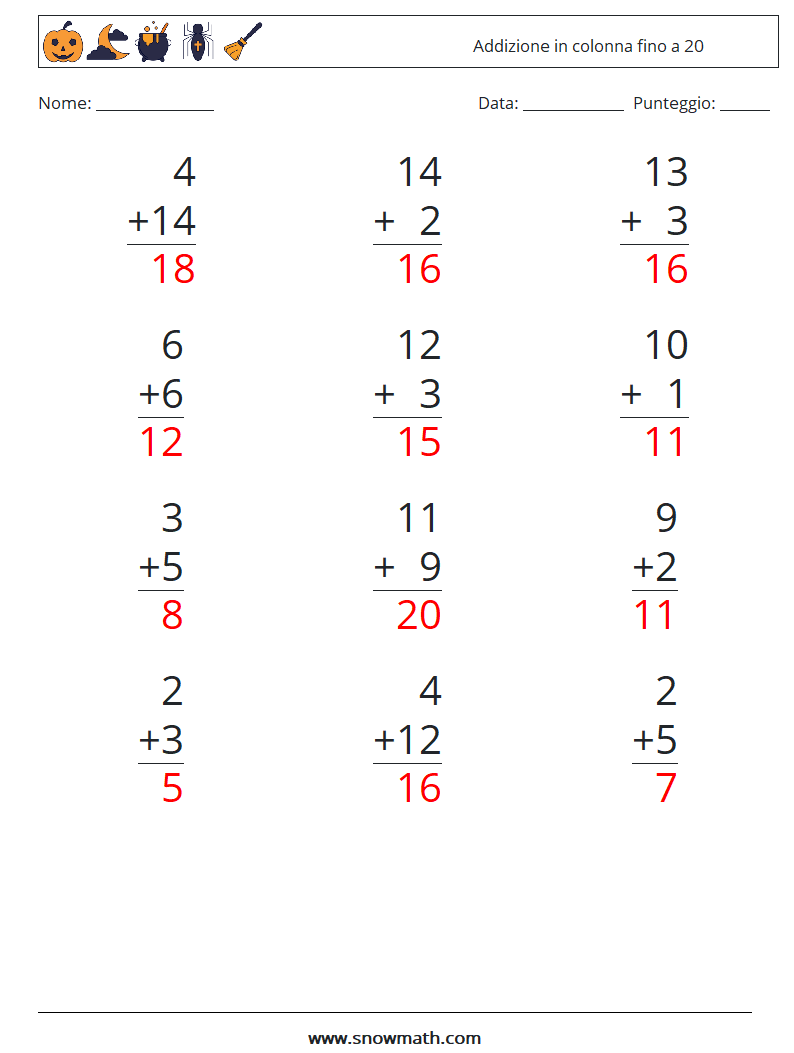 (12) Addizione in colonna fino a 20 Fogli di lavoro di matematica 7 Domanda, Risposta