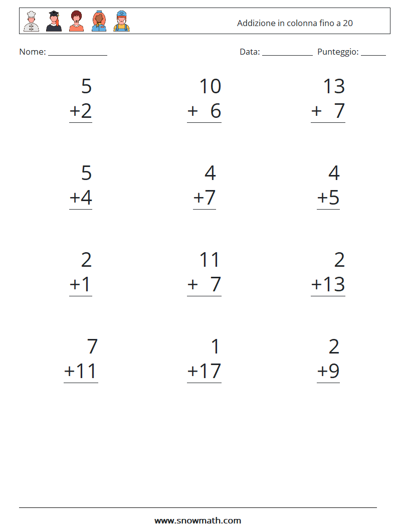 (12) Addizione in colonna fino a 20 Fogli di lavoro di matematica 8